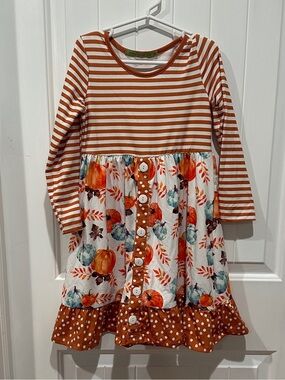 Girls Fall Orange Striped & Floral Button-Front Dress